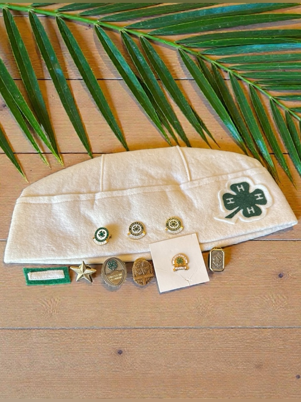 Vintage 4-H Club Pin & Achievement Badge Lot w/ White Felt Hat